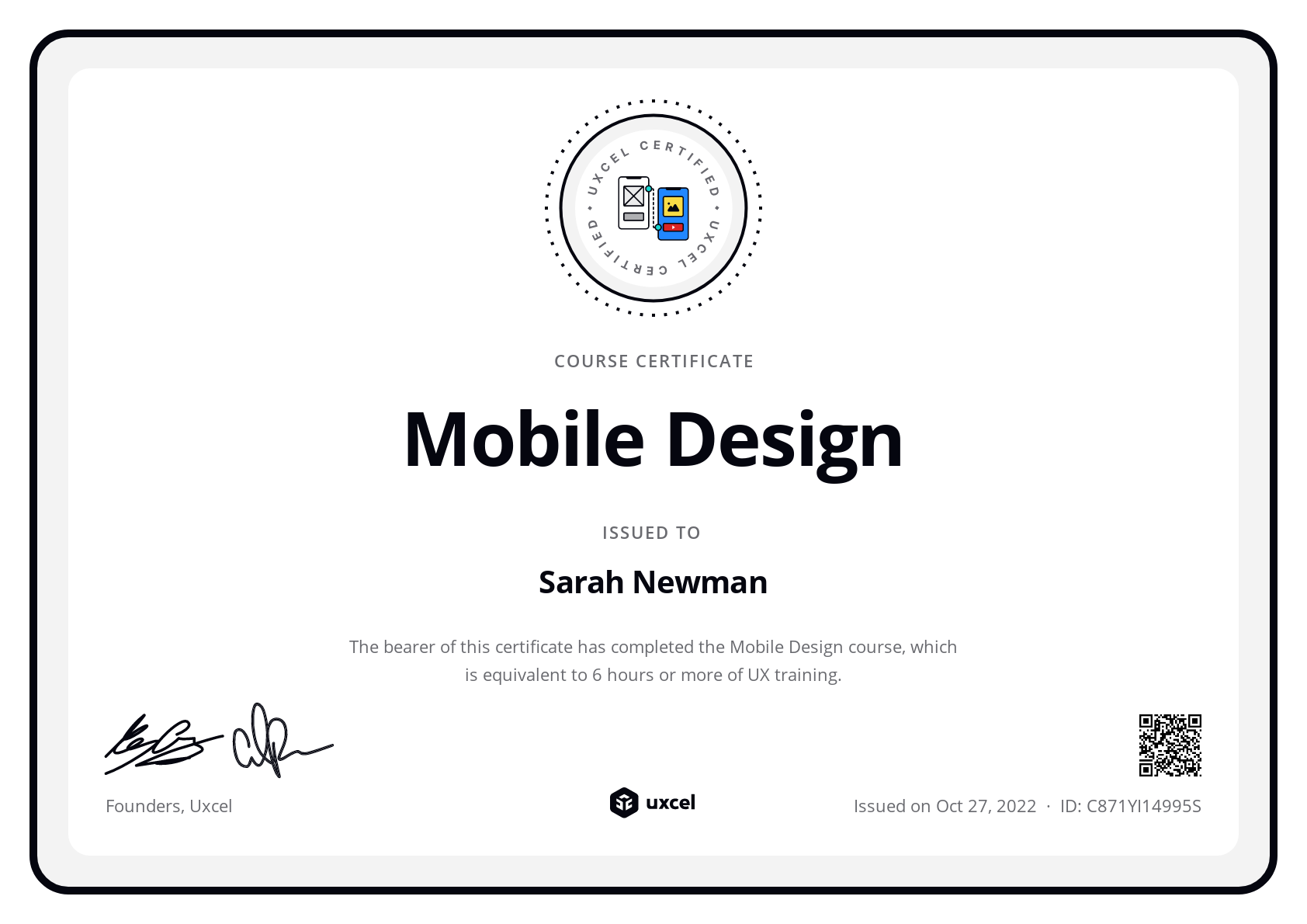 Sarah Newman's certificate